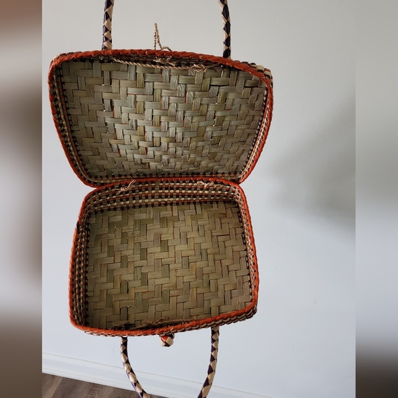 Handwoven Basket Handbag Orange Purple Cream - Picture 4 of 10